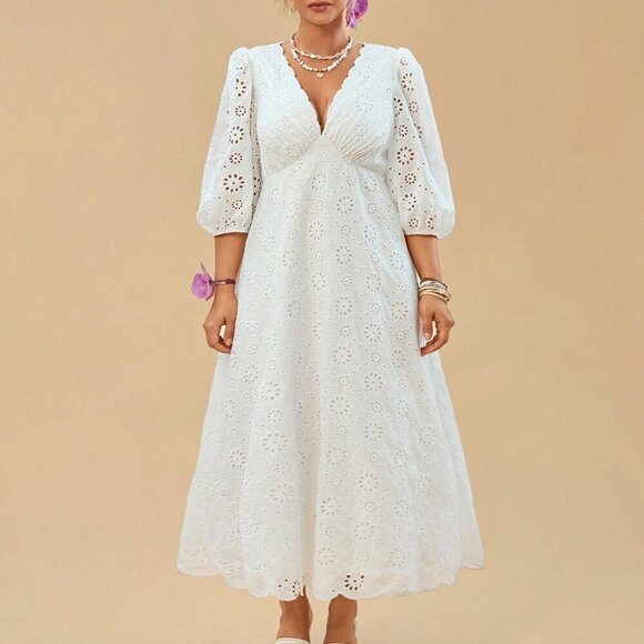 White Elegant Women's Plus Size Holiday Embroidered V-Neck Puff Sleeve Dress - Picture 5 of 6